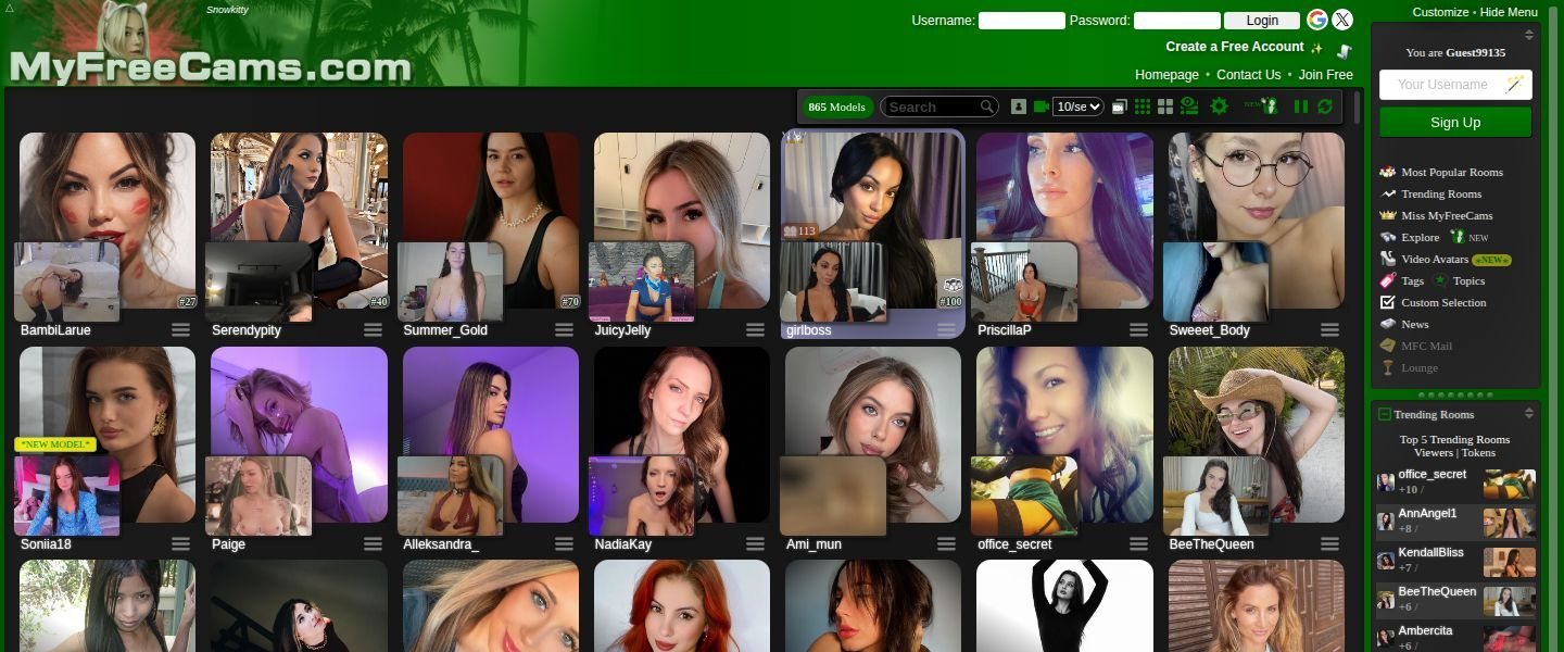 Startseite von MyFreeCams mit grüner Kopfzeile, Suchfeld und Room-Raster